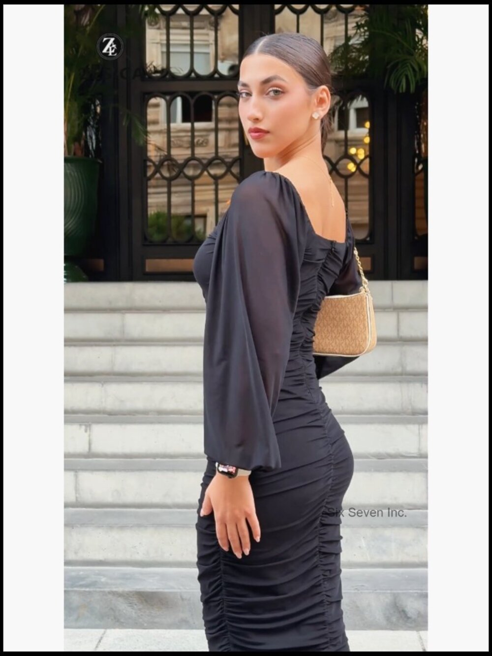 Sexy Ruched Bodycon Midi Dress Long Puff Sleeve Square Neck Backless Cocktail - Picture 7 of 7